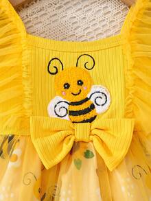 女婴夏季可爱卡通船领3D蜜蜂贴花向日葵蓬松网纱连衣裙 - 黃色 - 查看 4
