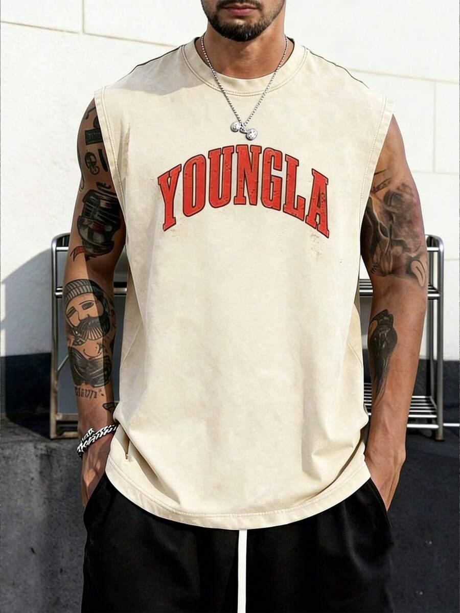 Men's Printed Vintage Washed Vest, Loose Fit, Casual Street Style, A Must-Have Item For Street Wear And The Gym. - 杏色 - 查看 1