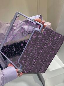 猫咪卡通宇航员动物星空花卉图案双面亚克力透明水晶后盖，防震，兼容iPad 7、8、10代（10.2英寸），内置Apple Pencil笔槽，支持睡眠/唤醒功能，理想礼物 - 彩色 - 查看 1