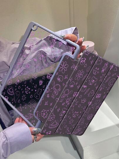 猫咪卡通宇航员动物星空花卉图案双面亚克力透明水晶后盖，防震，适用于iPad 7、8、10代（10.2英寸），内置笔槽，支持睡眠/唤醒功能，理想礼物