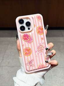 条纹葡萄柚海龟图案防摔纹理粉色手机壳，适用于 17/16 Pro Max、14/13、16/12、11 Pro Max、XS Max、X、XR、8、7、14 Plus，可作为生日礼物、送给女朋友、男朋友或自用。 - 粉色 - 查看 3
