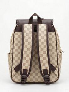 Stylish Vintage Checkered Print Backpack With Gold Buckles - Old Money Style - Beige - View 2