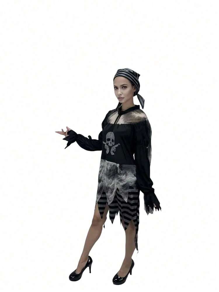 2PCS/SET-Women's Pirate Dress With Rhinestone Skull Decoration, Includes Striped Headscarf For Theme Party & Carnival - Multicolor - View 3