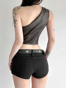 Women's Punk Asymmetric Zipper Design Metal Buckle Crop Top - Grey - View 7