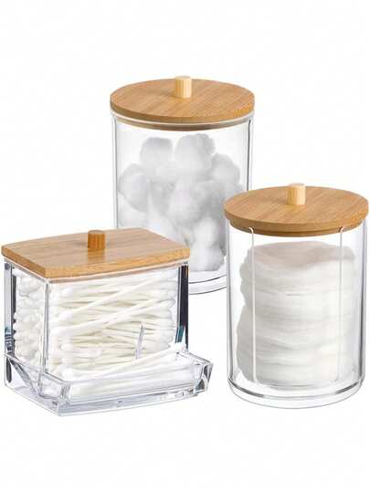 1/3pcs Qtip Bathroom Clear Plastic Storage Box For Swabs, Ball Pads, Round Pads, Dental Floss Picks - Small Clear Plastic Jar Medicine Bottle Set, Bathroom Essentials Accessories Decor, Dressing Table Makeup Storage Box