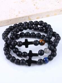 新款哑光串珠手链,配虎眼石和小十字架吊坠,黑曜石手链 - 手鍊 - 查看 7