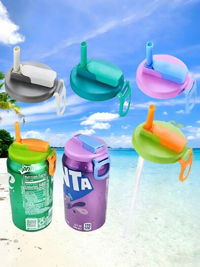 1pc 4-Color Soda Can Lids With Straws, Silicone Straw Preservation Lids, Food Preservation Lids, Reusable, Suitable For Soda, Canned Drinks, Juice, Food Preservation Storage, Party Festivals, Gifts/Kitchen Storage & Organizers / Freshness Covers/Holiday Essentials/Kitchen Accessories/Travel Essentials/Camping/Travel/Wedding
