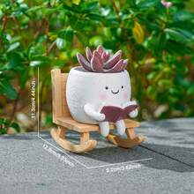 1 Resin Rocking Chair Bookworm Flower Pot - Cute Cartoon Angel Themed Succulent Plant Pot, Indoor/Outdoor Patio, Tabletop Decoration - Unique Gift For Plant Lovers, Patio Decoration, Handmade Gardening Art, Fun Gardening Supplies - Type a + Upgraded Version - View 1