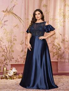 Đầm dạ hội SUPGIR Plus dành cho nữ, cổ tròn, tay bồng, phối sequin và vải lưới satin, kiểu dáng thanh lịch, ôm sát. - Màu xanh hải quân - Xem 4