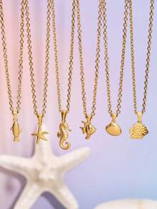 1pc Ocean Style Starfish Shell Seahorse Fish Pendant Necklace, Stainless Steel Necklace For Women, Bohemian Layered Necklace, 45cm - Yellow Gold - View 2