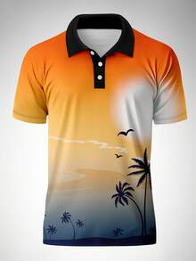 男士椰子树渐变印花休闲短袖Polo衫 - 彩色 - 查看 3