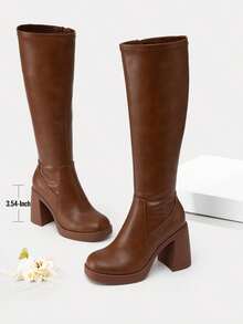 Athlefit Women's Stretch Knee High Boots - Platform Chunky Heel Square Toe Side Zip - 譚 - 查看 5