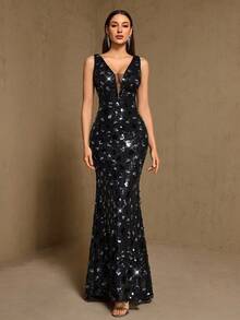Women's Sexy Deep V-Neck Sequin Black Cocktail Party Evening Dress - Black - View 6