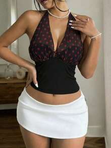 Women's Black Y2K Polka Dot Halter Top Deep V Sleeveless Backless Tie Neck Fitted Cami Sexy Summer Tropical Causal Party Club Vacation Going Out Date - Multicolor - View 5