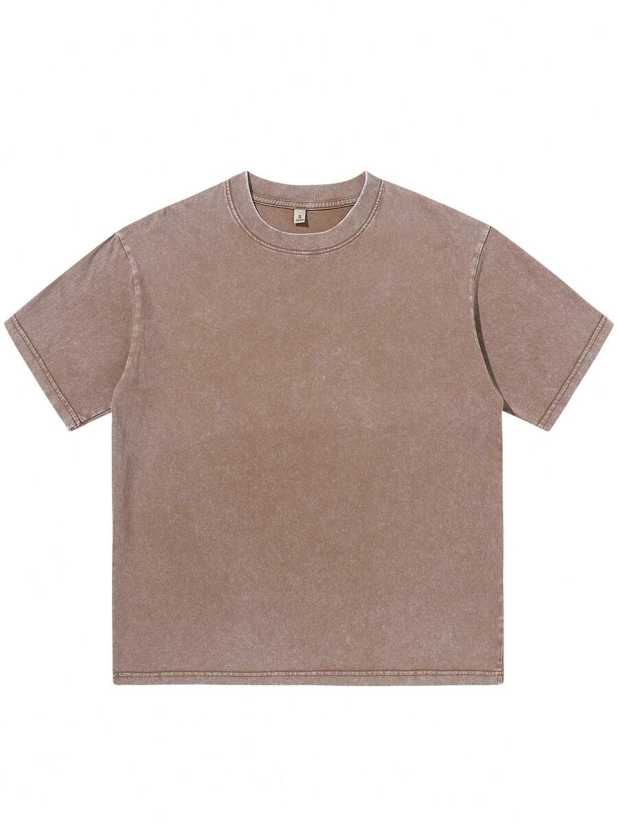 Men's Cotton T-Shirts Oversized Unisex Short Sleeves Casual Loose Wash Solid Basic Tee Tops Vintage Washed Basic Loose Tees - 摩卡棕 - 查看 1