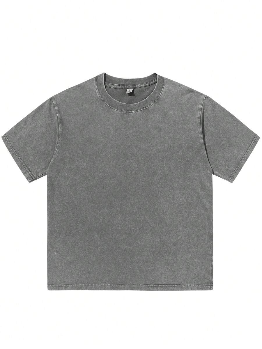 Men's Cotton T-Shirts Oversized Unisex Short Sleeves Casual Loose Wash Solid Basic Tee Tops Vintage Washed Basic Loose Tees - 灰色 - 查看 1