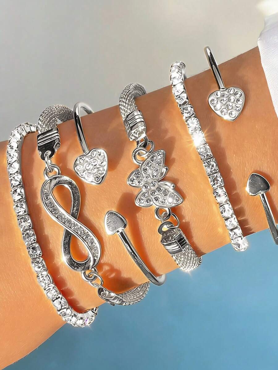 Set de 6 piezas de pulseras brazalete de moda minimalista de lujo con multi-capas, adornadas con cristales en forma de mariposa, corazón y símbolo del infinito, accesorios elegantes para mujeres - Plateado - Ver 1