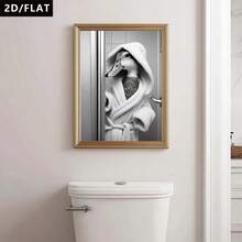 2D/Plat 1 pièce Affiche d'art amusante et guérissante de style moderne gris-blanc, décoration murale d'art abstrait - Un petit canard portant une serviette de bain, œuvres d'art murales sur canevas, pour salle de bain, toilettes, chambre à coucher, salon, bureau, décoration murale de couloir (sans cadre/canevas enveloppée) - 111 - Voir 4