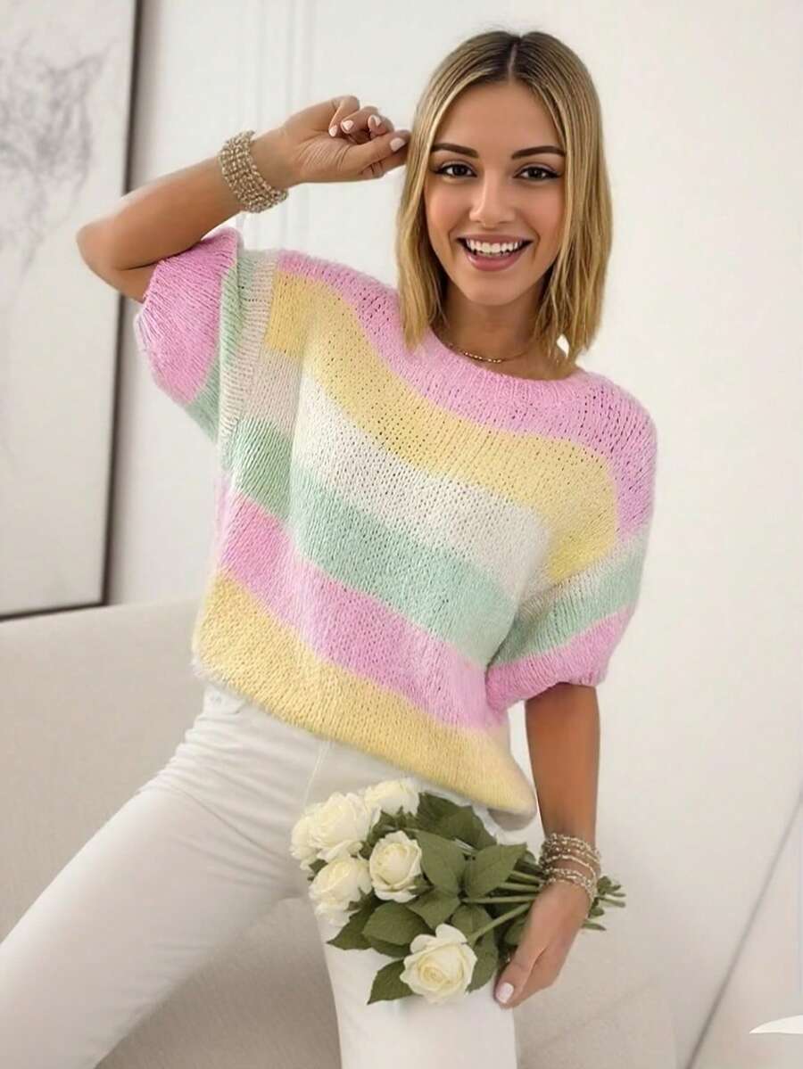 女士短袖彩虹条纹活力圆领针织上衣 - 彩色 - 查看 1