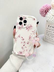 花卉图案彩绘奶油色波浪边亮面印花保护手机壳，配串珠手链配件，适用于/Galaxy/，国际版，非国内版 - 彩色 - 查看 5