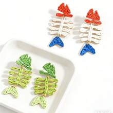 波西米亚风拉菲草鱼骨吊坠耳环，绿色手工编织鱼骨架耳环，女士夏季海滩饰品 - 彩色 - 查看 8