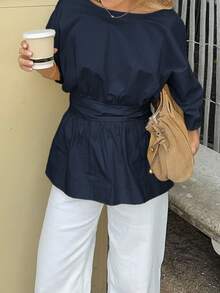 Áo kiểu nữ Look Polly phong cách Y2K, kiểu dáng thường ngày, thắt nơ, hở lưng, tay lửng, thích hợp cho kỳ nghỉ xuân/hè. - Hải quân - Xem 3