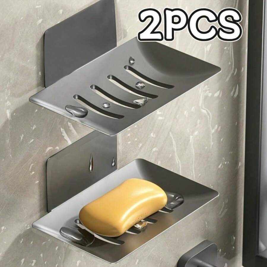 2 piezas Jabonera de pared sin perforación | Soporte de jabón con drenaje, estante de almacenamiento de jabón de acero al carbono, rectangular - Multicolor - Ver 1