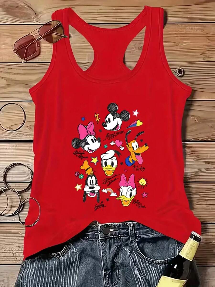 Disney Authorized A Y2K Fashion Sleeveless Tank Vest T-Shirt With Mickey Mouse Universe Print, Cool Summer T-Shirt, Sleeveless Tank Vest T-Shirt, Round Neck Casual Shirt, Spring And Summer, Women's Wear, Multi-Size And Multi-Color Optional. - Red - View 1