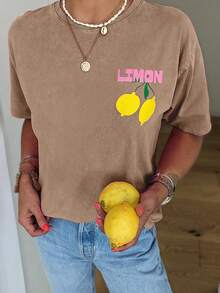 LIMON CELLO 柠檬水果春季穿搭图案女式休闲圆领短袖T恤夏季 - 棕色 - 查看 2