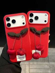 3D Bow-Knot Cherry Faux Leather Texture Phone Case Compatible With Iphone 17 Pro Max, 17 Pro, Cute Cherry Faux Leather Design - Red - View 1