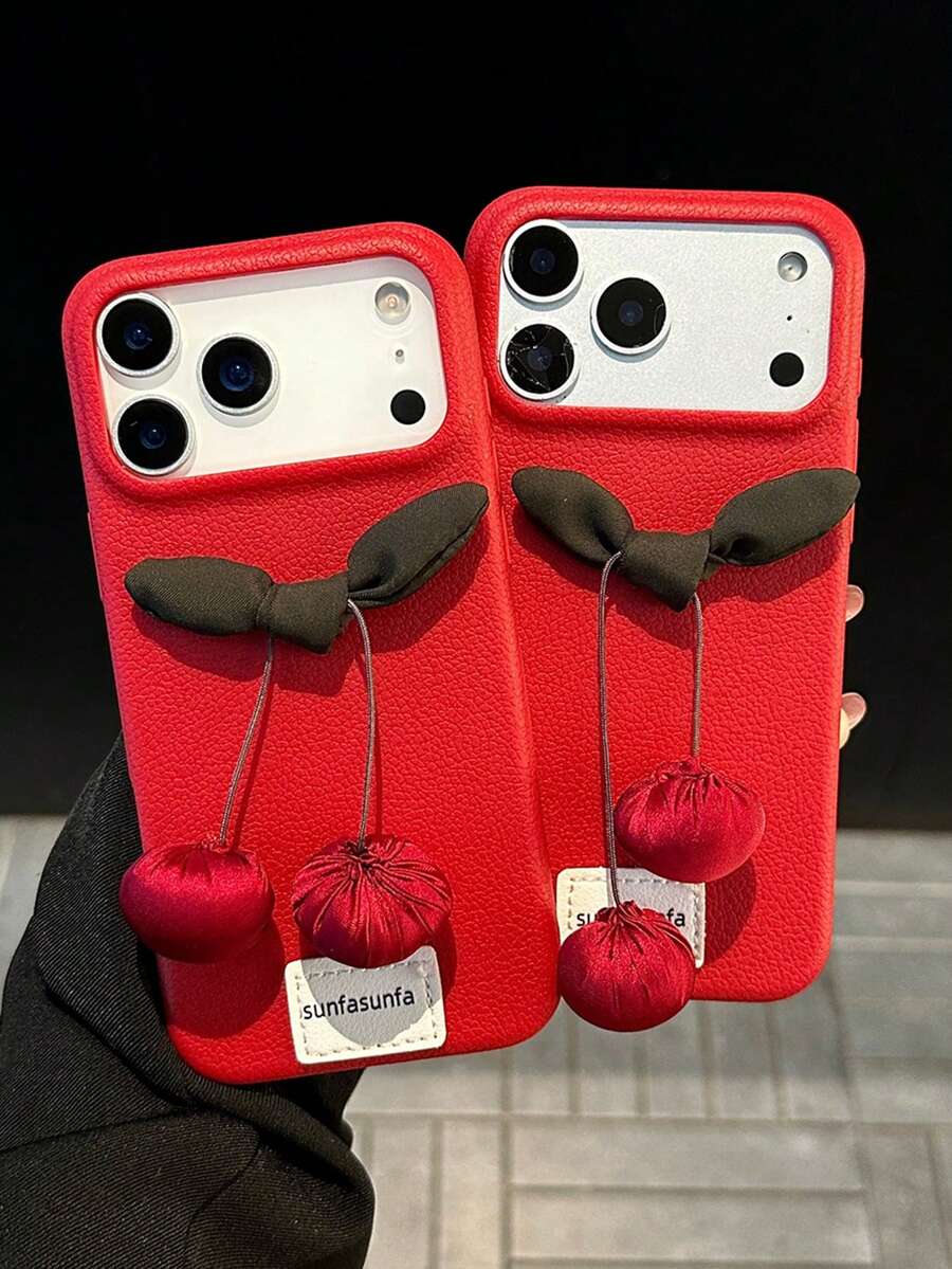 3D Bow-Knot Cherry Faux Leather Texture Phone Case Compatible With Iphone 17 Pro Max, 17 Pro, Cute Cherry Faux Leather Design - Red - View 1