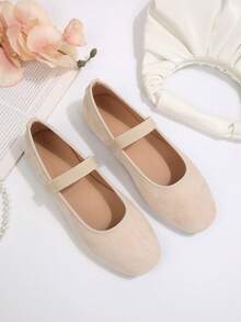 女士芭蕾舞鞋，米色休闲平底鞋，方头套脚鞋，带松紧带，适合日常通勤和办公穿着 - 米色 - 查看 5