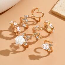 7件套山茶花戒指套装，小众奢华高端水钻心形和蝴蝶戒指，适合女性日常佩戴或作为礼物 - 金色 - 查看 2