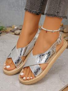 青少年平底凉鞋，软底舒适沙滩凉鞋，轻便时尚搭扣凉鞋 - 銀色 - 查看 1