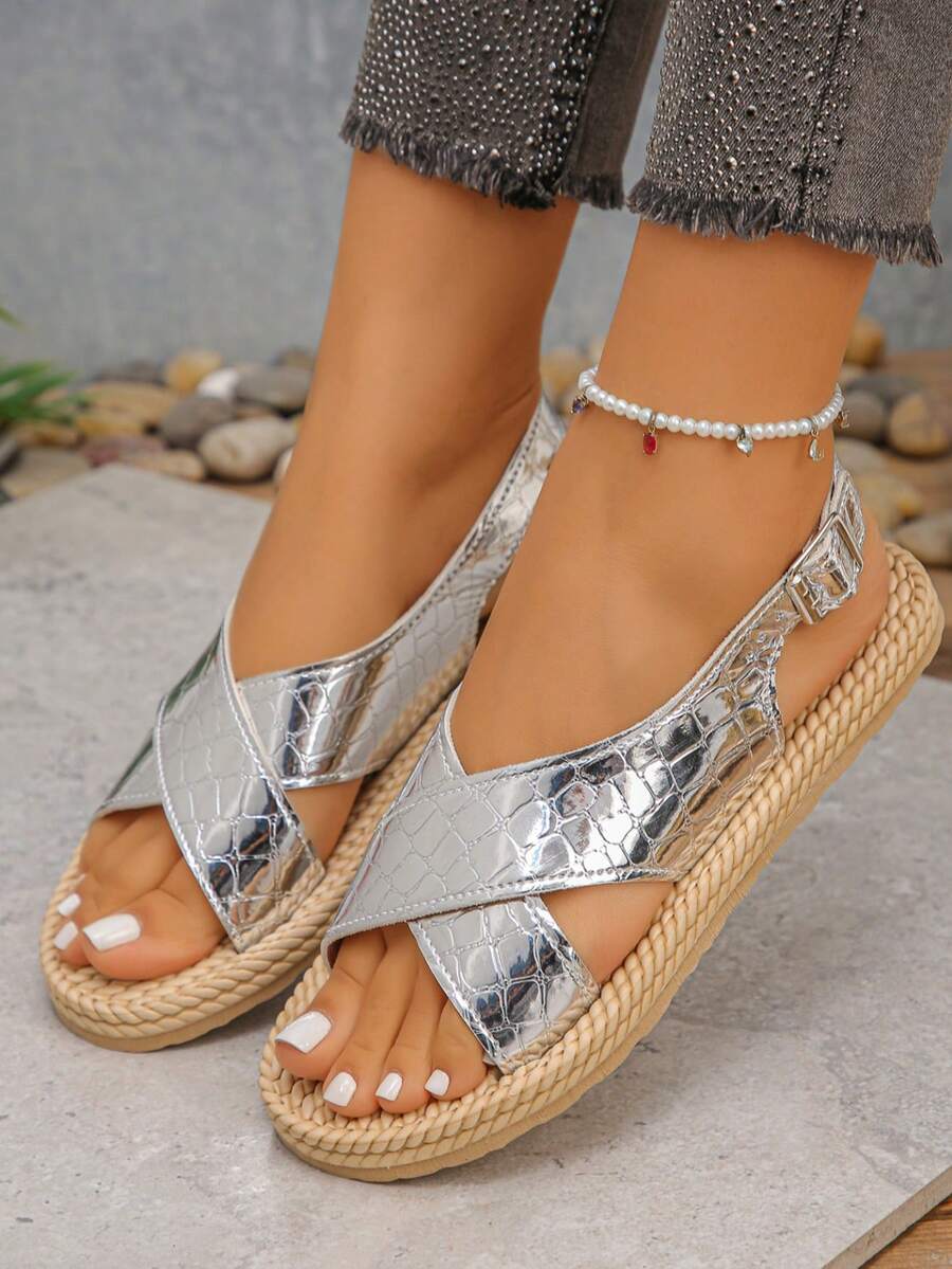 青少年平底凉鞋，软底舒适沙滩凉鞋，轻便时尚搭扣凉鞋 - 銀色 - 查看 1