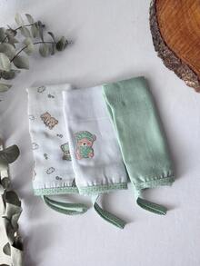 Set Of 3 Baby Bibs With Pacifier Clip, 100% Cotton, 34 X 34cm, Baby Layette, Inconfral Teddy Bear Design - 薄荷綠 - 查看 2