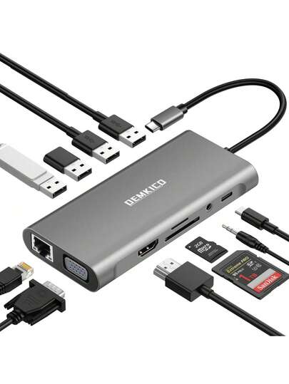  DEMKICO 11-In-1 USB C Docking Station, Dual Display 4K HDTV & 1080P VGA Adapter With Gigabit Ethernet, 100W PD Charging, 4 USB Ports (1x 3.0, 3x 2.0), SD/TF Card Reader, 3.5mm Audio Jack, Aluminum Alloy, Space Gray, Multiport Hub Compatible With Macbook Pro/Air (2018+), XPS, HP Spectre, Surface, Plug & Play Essential For Office Workstations And Content Creators