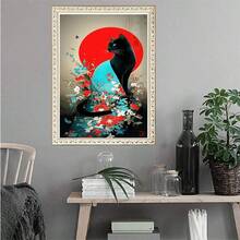 1幅2D DIY钻石画，东方风格黑猫，创意动物花卉钻石画，手工装饰画，适用于客厅或卧室，是完美的节日礼物 - 查看 3