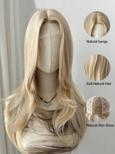 4*1 Lace Forehead Wig, High-Layered Gold Lace Forehead Wig, 1 Heat-Resistant Synthetic Fiber Wave Wig, 26 Inches Long, Fiber Material, Suitable For Everyday Wear, Parties, And Gatherings, Natural And Realistic.