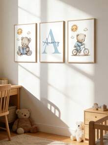 3 件套定制姓名印刷海报，个性化睡熊，蓝云月亮动物印花墙画，儿童房装饰，男孩卧室，生日礼物，无框，旅行收纳 - 藍色 - 查看 19