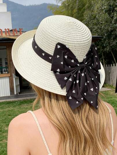 1pc Women's Summer Hat, Fashion Curled Brim Big Bow Tie Ribbon Sun Protection Hat, Travel Beach Holiday Straw Hat