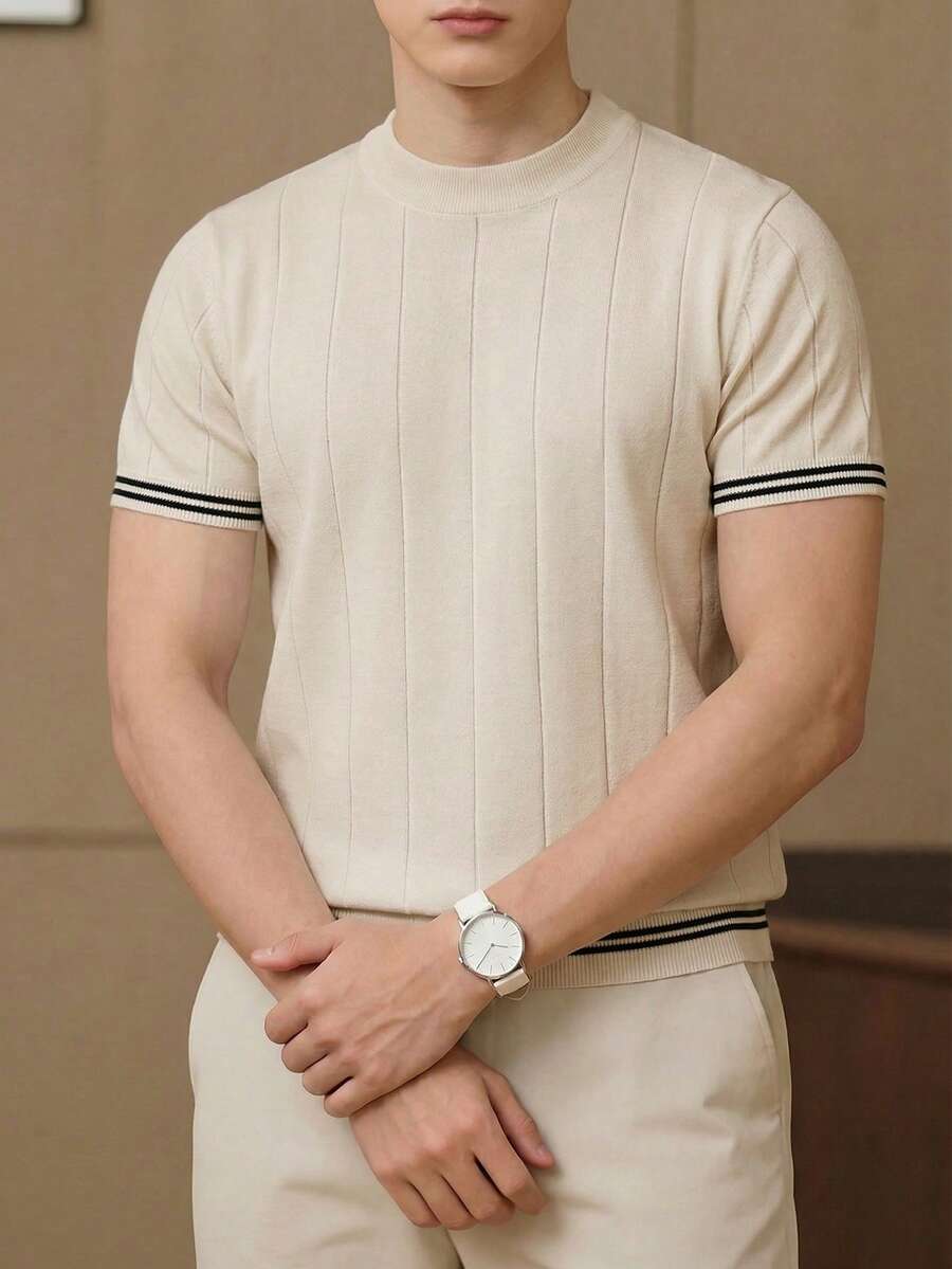 GRDR Men's Summer Round Neck Solid Color Short Sleeve Knit Sweater, Suitable For Summer Outings, Essential For Fashionable Styling - Champagne - View 1