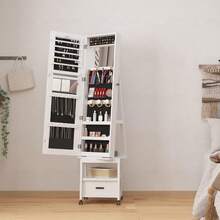 66" Full-Length Standing Mirror With Jewellery Cabinet, 360° Swivel Makeup & Accessory Organiser, Lockable Door, Bottom Drawer & Rear Storage Shelves - White - View 5