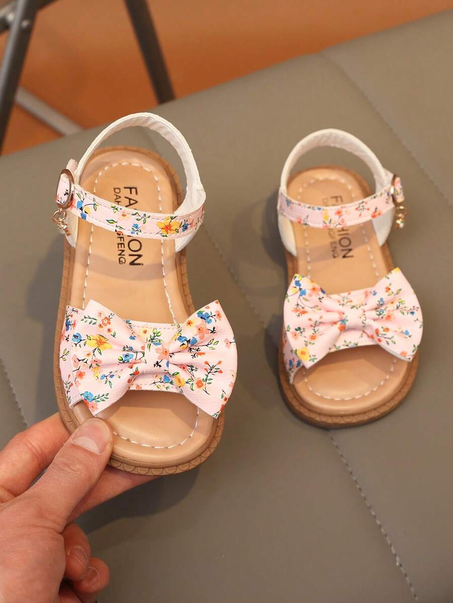 1 Pair Girls' Summer Cartoon Bow Floral Decor Soft Bottom Non-Slip Breathable Casual Princess Style Sandals, Suitable For Daily Outings, Outdoor Play, Park Walks, Parent-Child Outings, Home Leisure, Children's Day, Birthday Parties And More Occasions - Pink - View 1