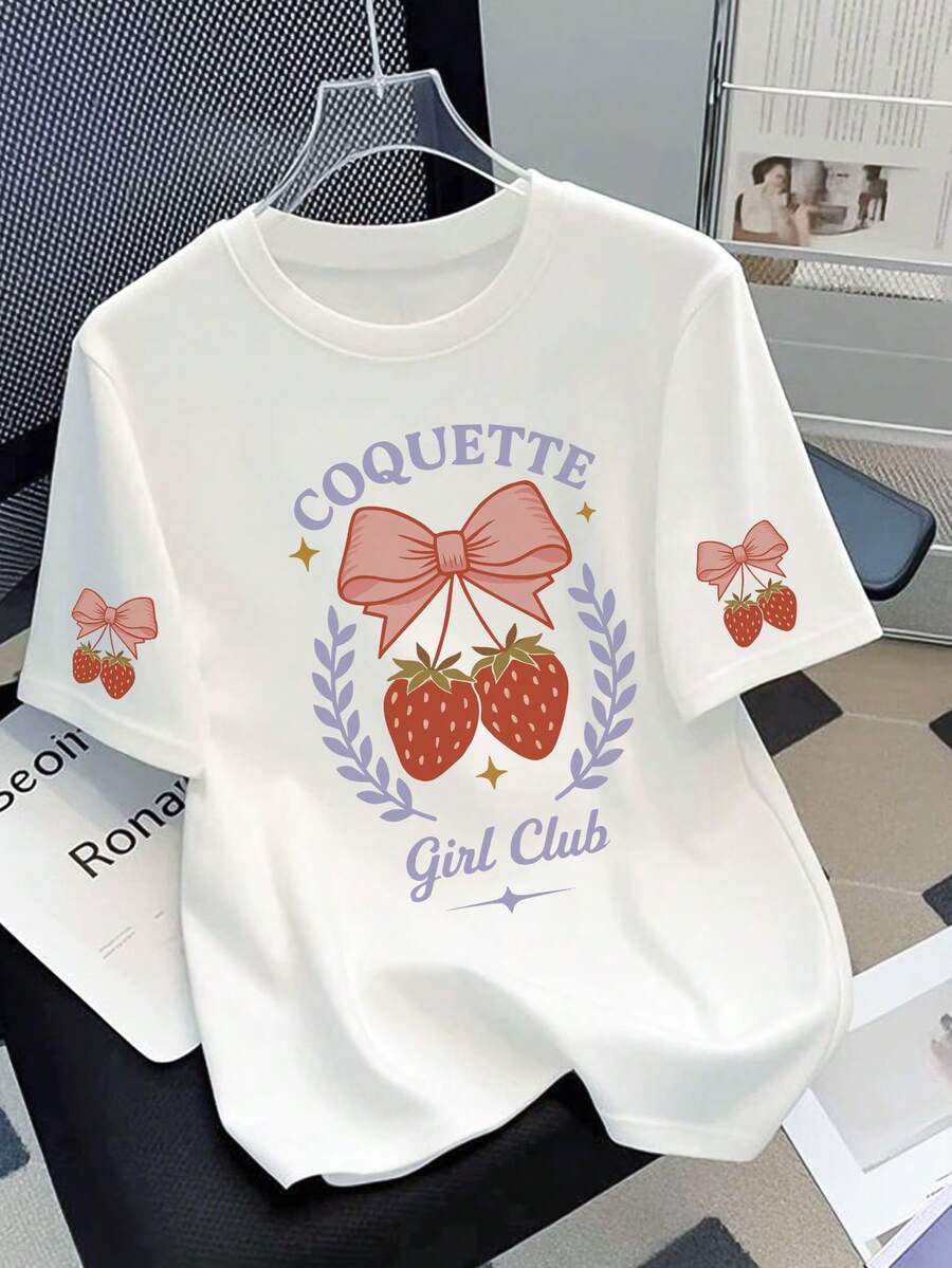 Áo thun ngắn tay nữ cỡ lớn in hình nơ dâu tây dễ thương, thích hợp mặc thường ngày vào mùa xuân/hè, các dịp lễ hội, là món quà tuyệt vời dành cho bạn gái, bạn trai và bạn bè. Màu trắng. - trắng - Xem 1