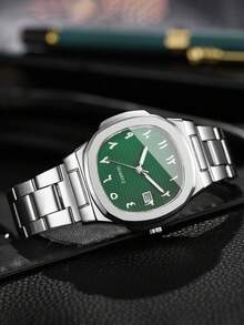 1pc Men's Fashion Minimalist Square Dial Calendar Stainless Steel Quartz Wrist Watch, Business Style (Watch Box Not Included) - Silver - View 6