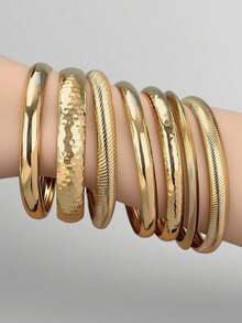 7 Pulseiras de Ferro Douradas, Pulseiras Femininas, Conjuntos de Joias Empilhadas Femininas - Dourado - Visão 1