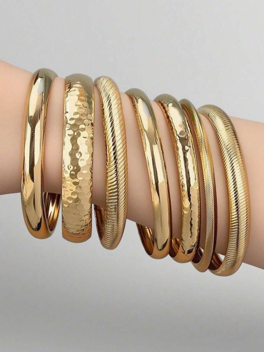 7 Pulseiras de Ferro Douradas, Pulseiras Femininas, Conjuntos de Joias Empilhadas Femininas - Dourado - Visão 1