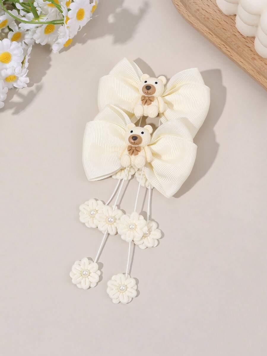 2pcs Cute Bear Tassel Hair Bows For Girls Bear Pattern Beige Grosgrain Ribbon Bow Alligator Clips With Pearl Flower Tassel Adorable Animal Printed Bow Hair Clips Vacation Tassel Bow Barrettes Teens Hair Accessories - Beige - View 1