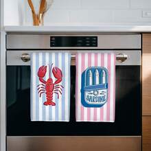 MEMNUN 2条夏季蓝粉条纹龙虾沙丁鱼罐头食品图案印花厨房巾，可作餐巾、手巾、抹布使用，尺寸为15.75*23.62英寸（40*60厘米），超柔软吸水超细纤维材质，现代厨房配件，可机洗，适用于餐厅、厨房、节日装饰和礼品，四季皆宜。 - 彩色 - 查看 5